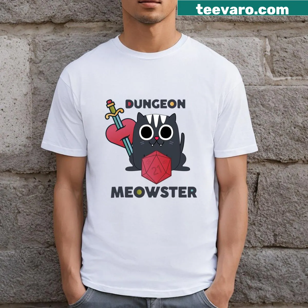 Cartoon cat adventurer graphic for fantasy-loving cat owners. — on a men's t-shirt