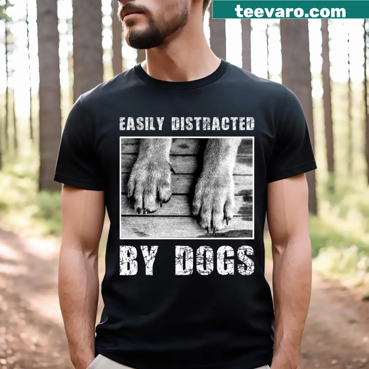 T-shirt with the phrase 'Easily Distracted By Dogs' for dog lovers. — on a men's t-shirt