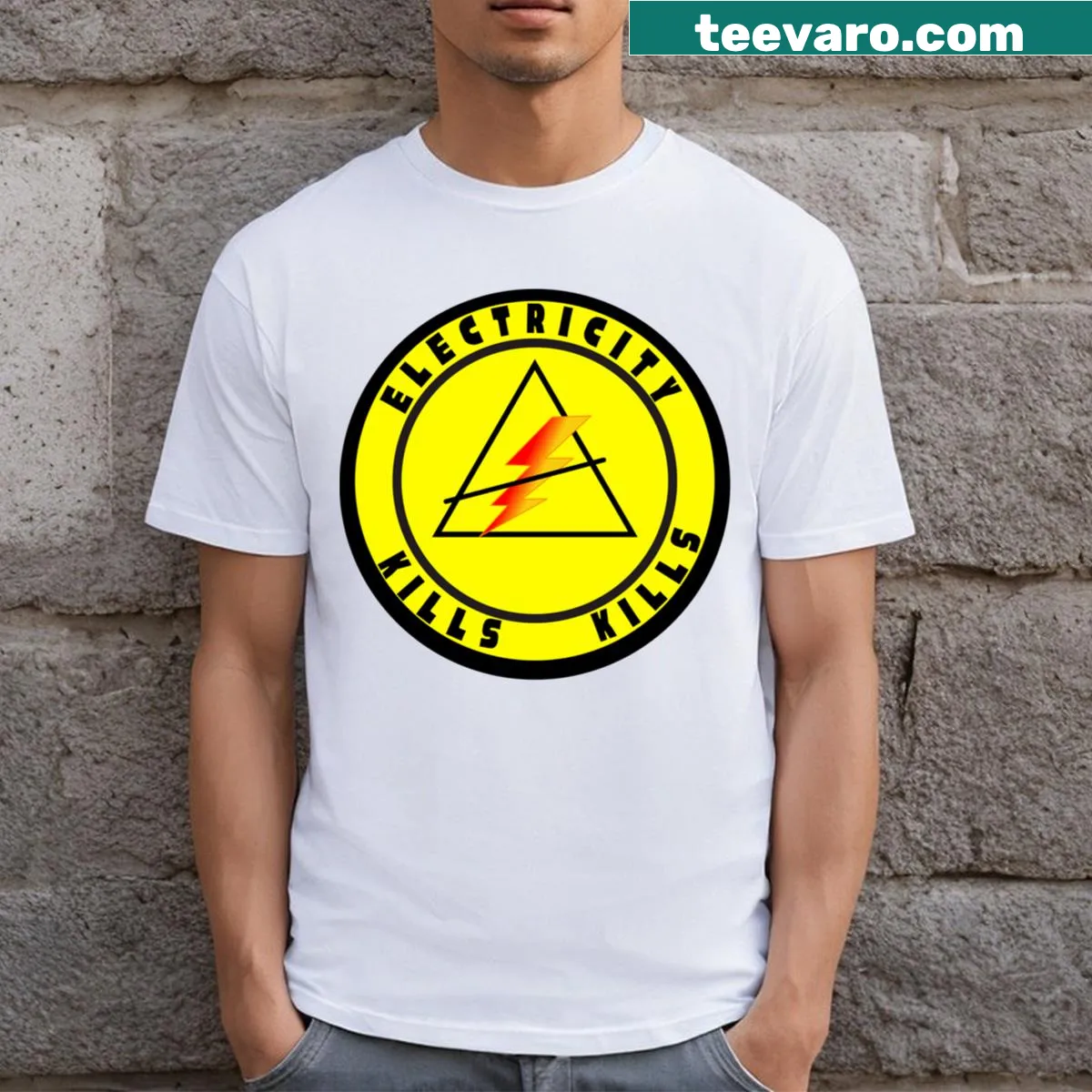 Bold safety message graphic on modern sticker T-shirt — on a men's t-shirt