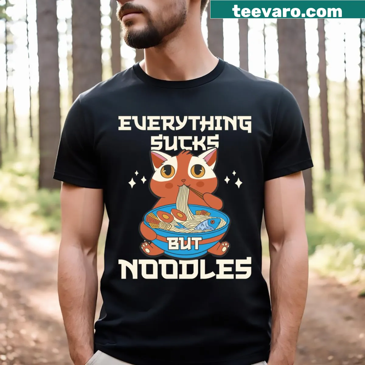 Funny ramen lover t-shirt with humorous text design. — on a men's t-shirt