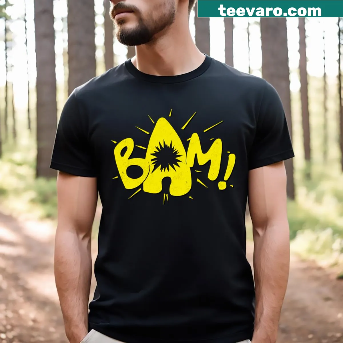 Comic sound effect t-shirt with 'Bam!' graphic. — on a men's t-shirt