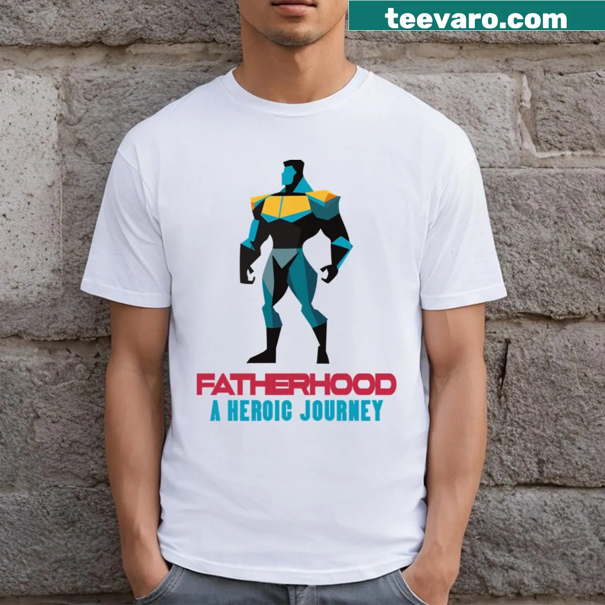 Classic T-shirt with the phrase 'Fatherhood A Heroic Journey' in bold typography. — on a men's t-shirt