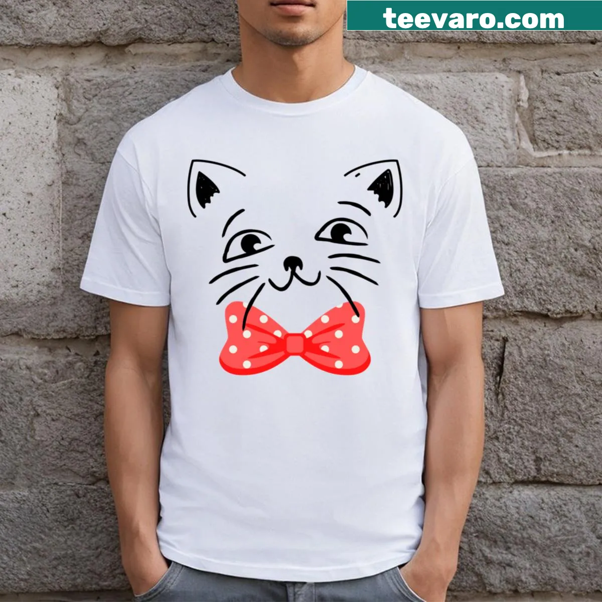 Illustrated cat wearing a red bow tie on t-shirt — on a men's t-shirt