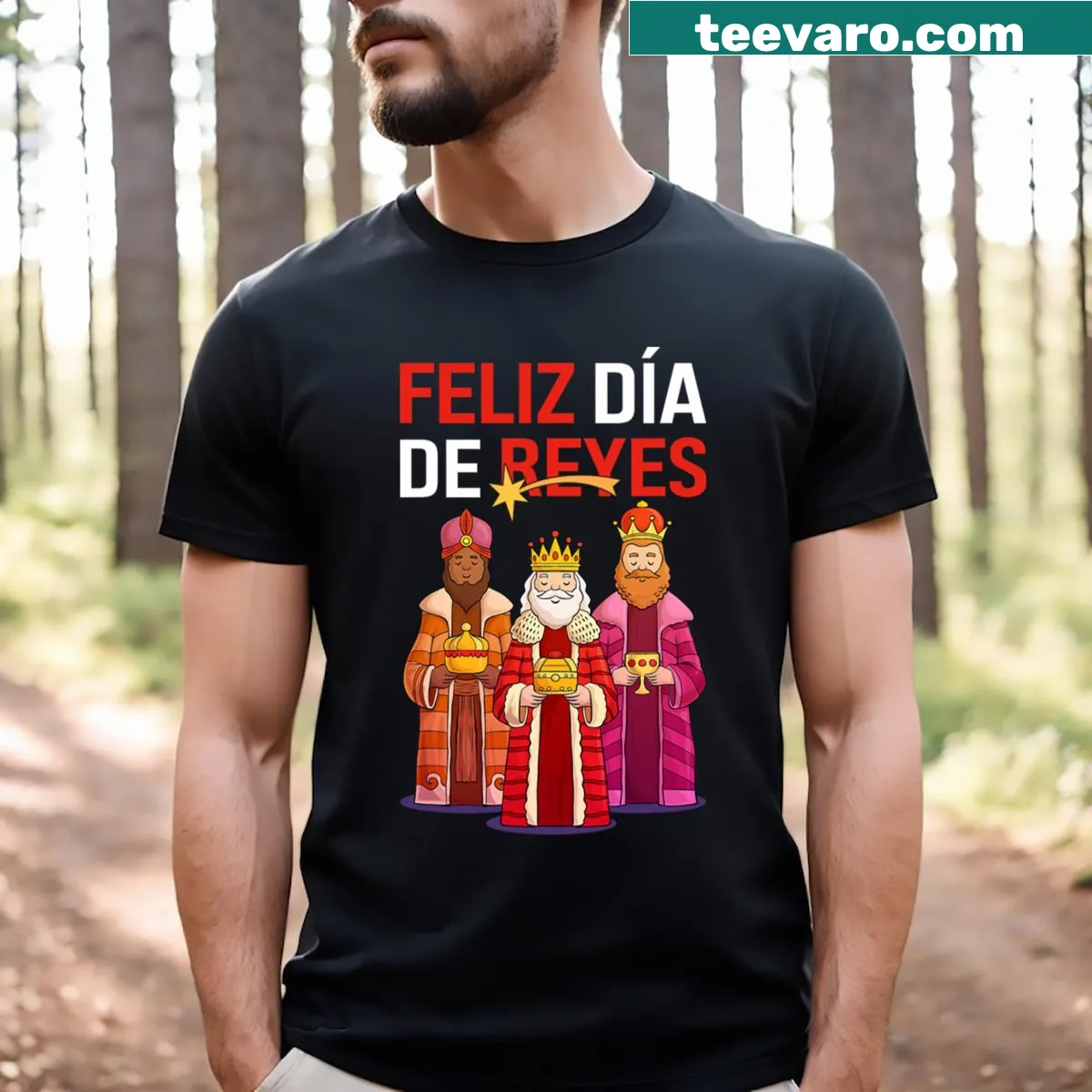 Festive t-shirt celebrating Three Kings Day with the phrase 'Feliz Dia De Reyes' in cheerful typography — on a men's t-shirt