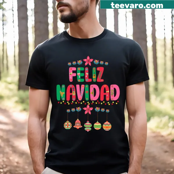 Feliz Navidad Christmas t-shirt with festive decorations