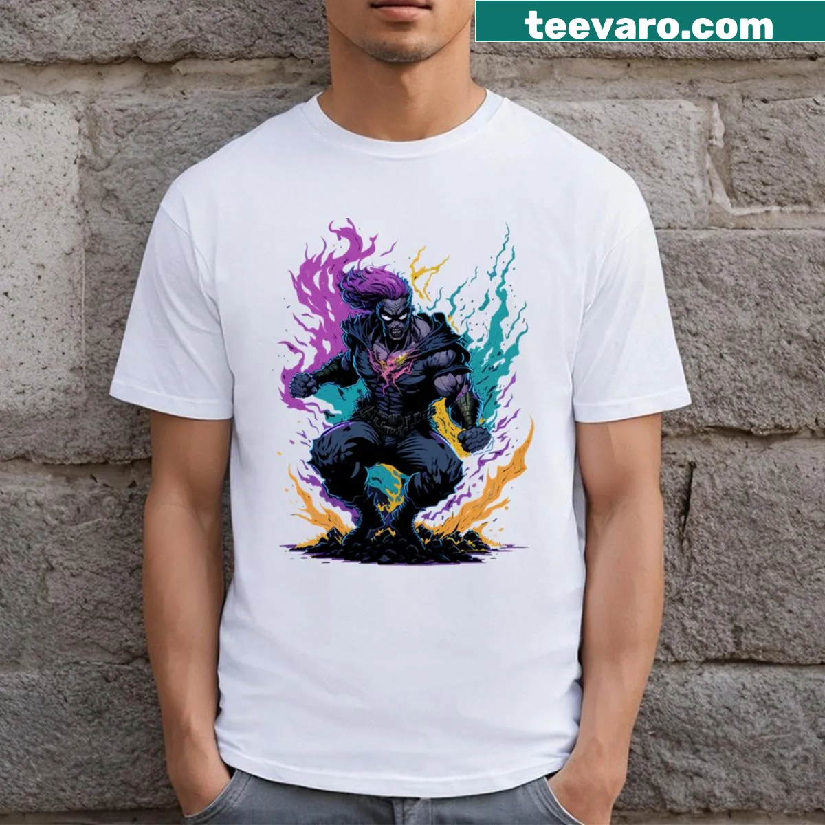 Fictional superhero design T-shirt featuring Inkscorcerer — on a men's t-shirt