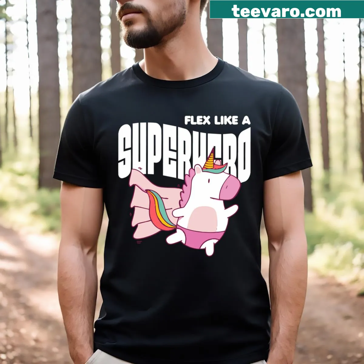 Unicorn flexing muscles illustration on T-shirt — on a men's t-shirt