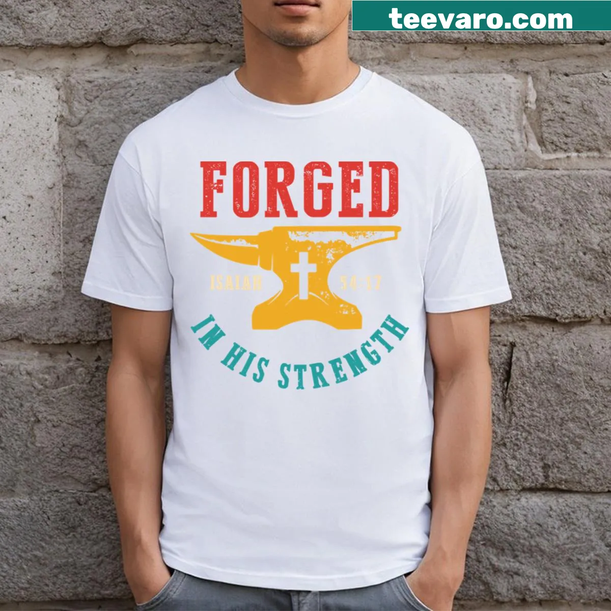 Inspirational Isaiah 54:17 graphic T-shirt featuring elegant typography — on a men's t-shirt