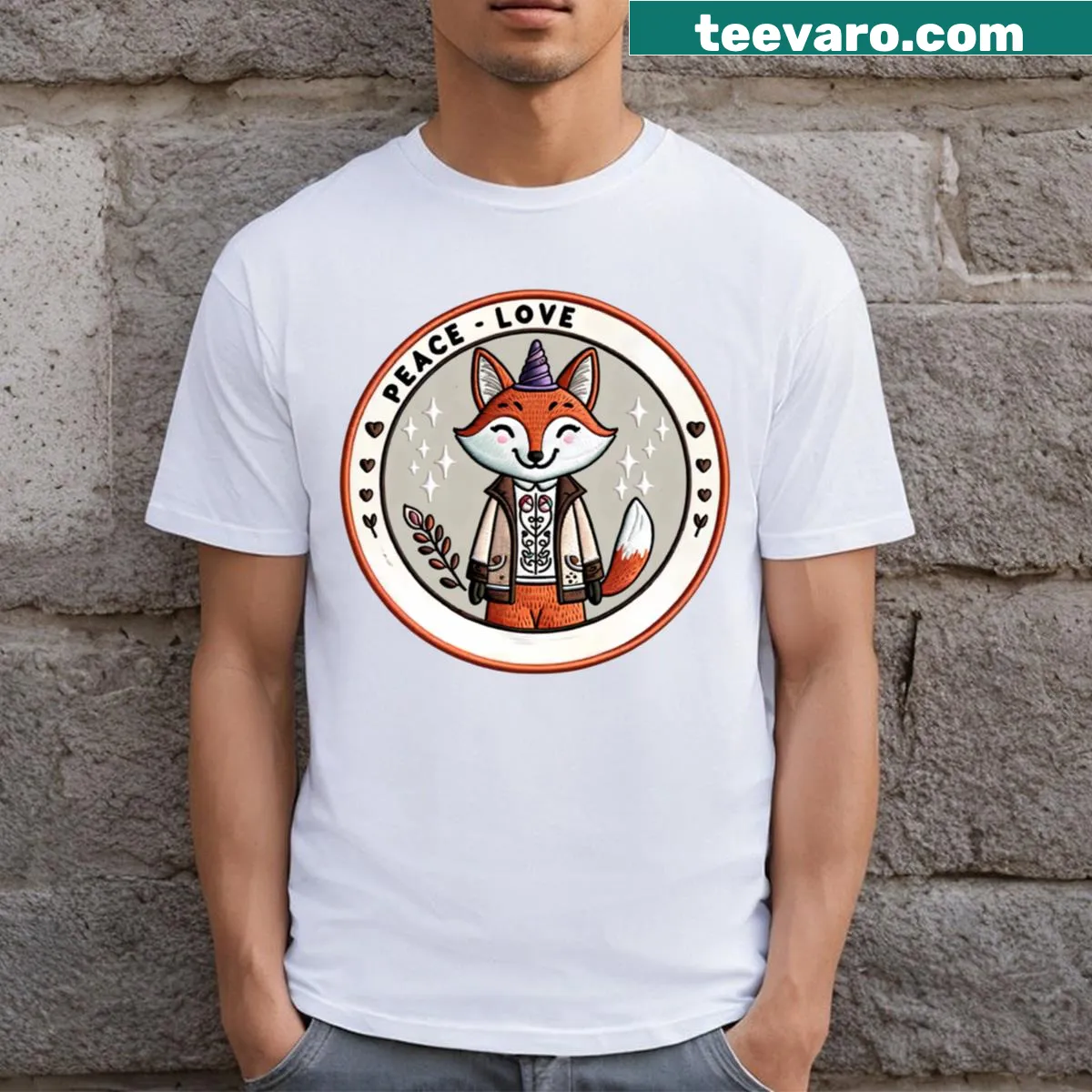 Foxy unicorn cartoon design with magic embroidery patch and hearts — on a men's t-shirt