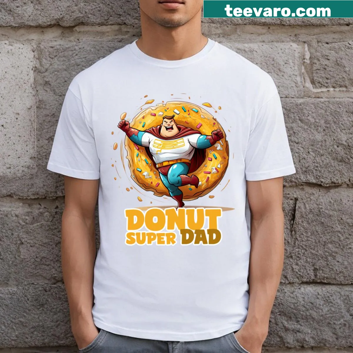 Funny donut-themed graphic celebrating 'Super Dad' on a T-shirt — on a men's t-shirt
