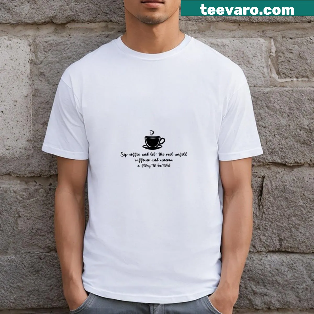 Funny coffee-themed T-shirt with a humorous saying about caffeine and cinema. — on a men's t-shirt