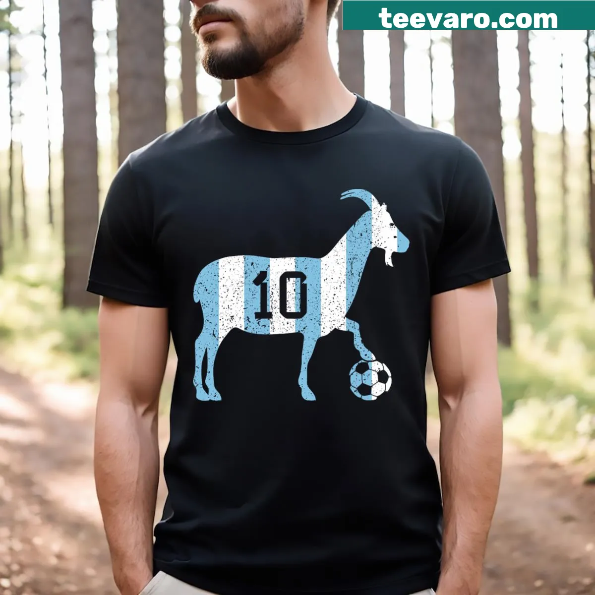 Funny soccer T-shirt featuring the term 'GOAT' — on a men's t-shirt