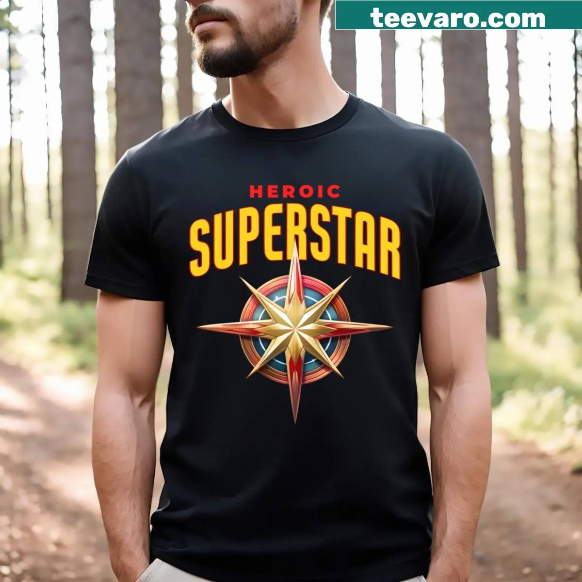 T-shirt design featuring the concept of a heroic superstar — on a men's t-shirt
