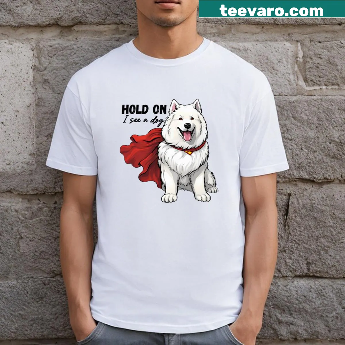 Retro T-shirt with a Samoyed graphic and playful dog-themed text — on a men's t-shirt
