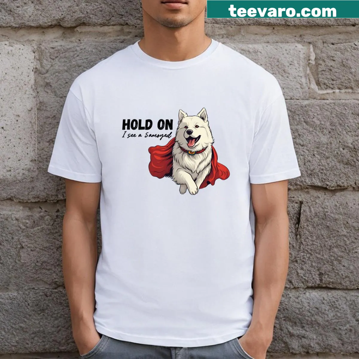 Vintage-inspired T-shirt featuring a Samoyed and playful dog-themed text — on a men's t-shirt