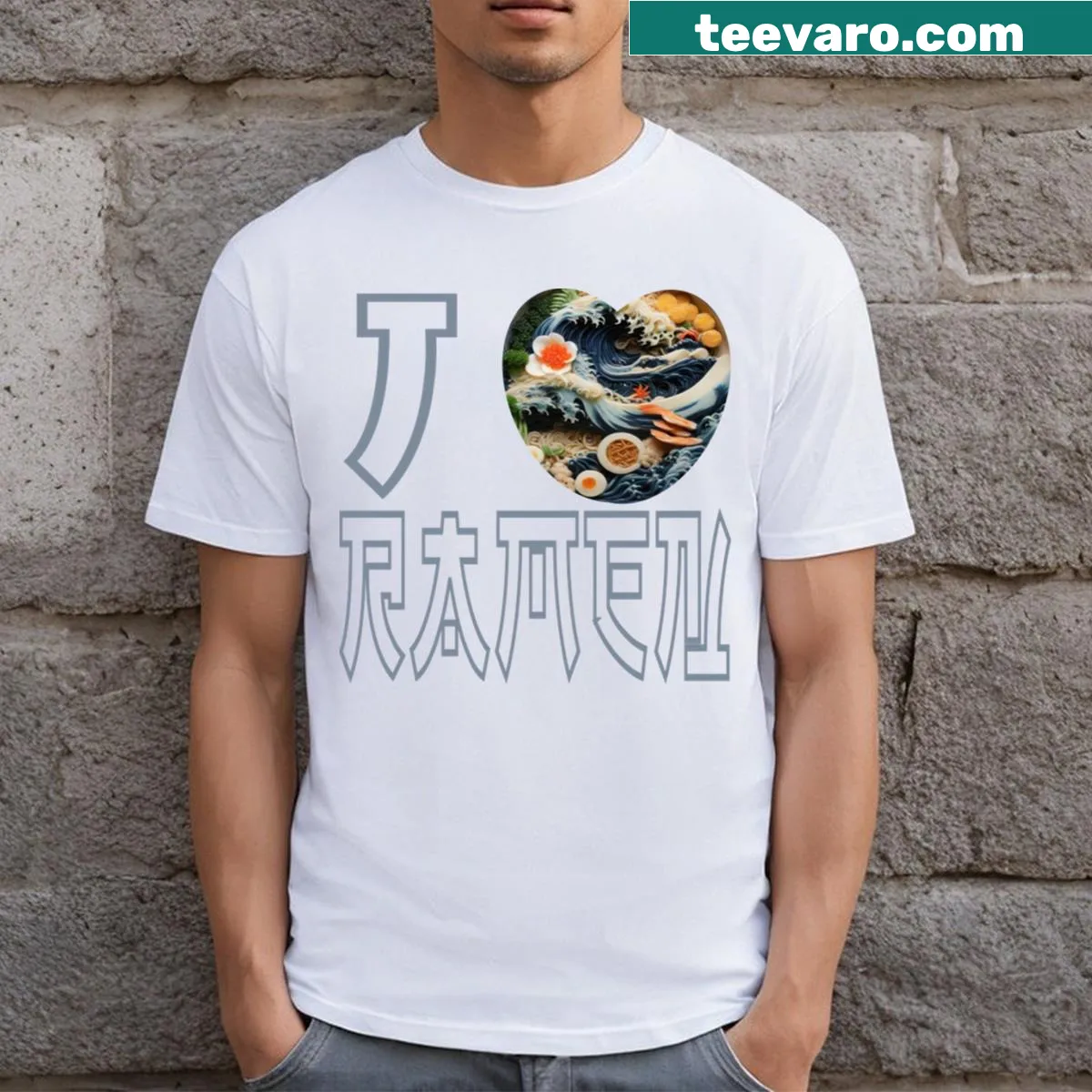 T-shirt featuring playful 'I Love Ramen' text — on a men's t-shirt