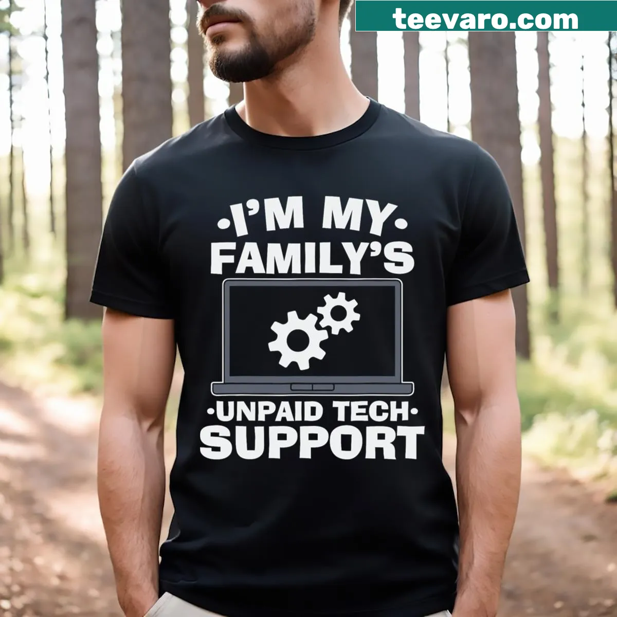 Text saying 'I'm My Family's Unpaid Tech Support' on a t-shirt — on a men's t-shirt