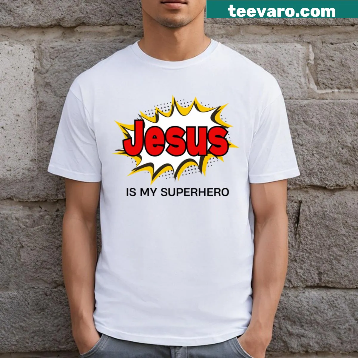 Classic t-shirt with the phrase Jesus Is My Superhero in simple typography — on a men's t-shirt