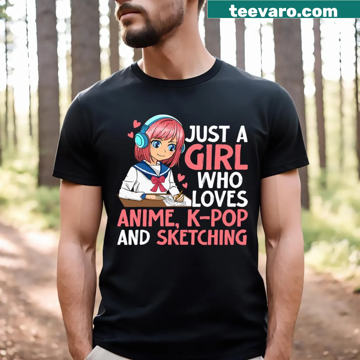 Typography graphic t-shirt celebrating anime, K-pop, and sketching — on a men's t-shirt