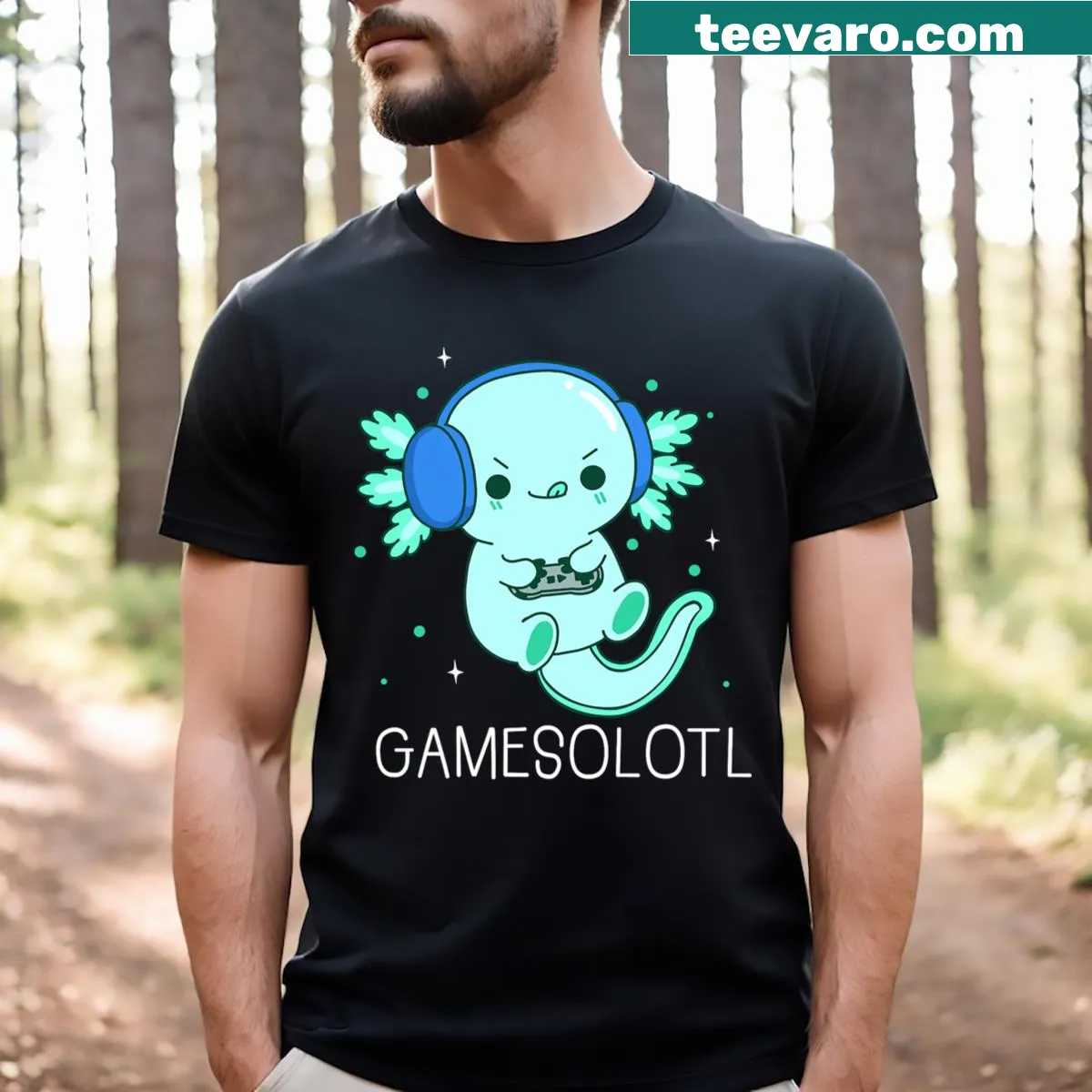 Kawaii T-shirt featuring Gamesolotl axolotl design for gamers — on a men's t-shirt