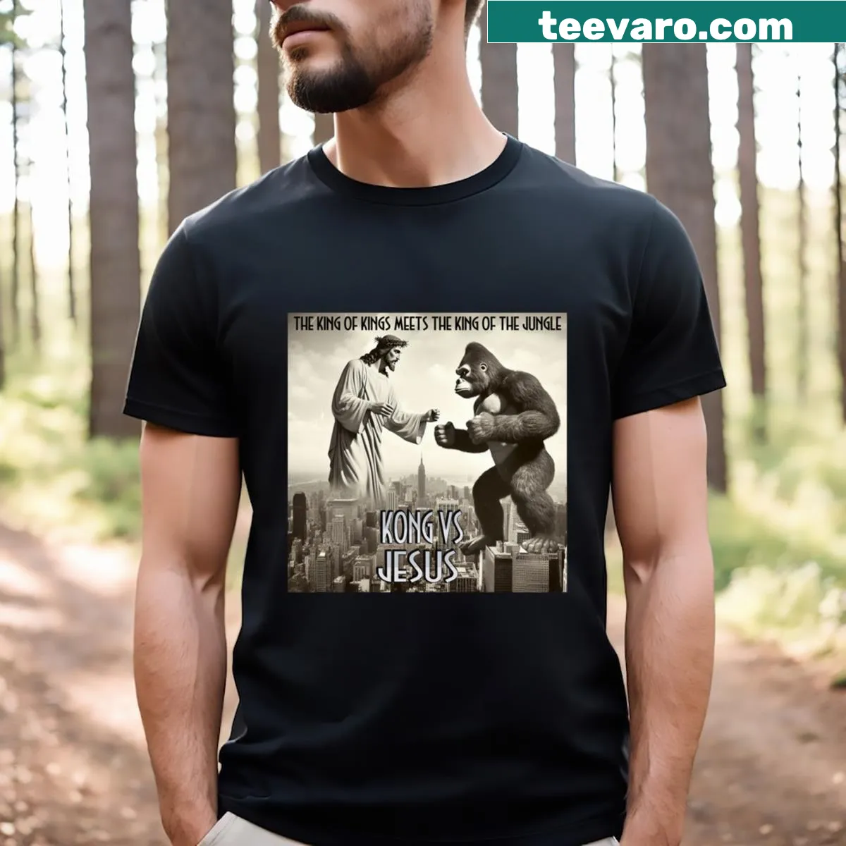 Illustrative design depicting King Kong vs Jesus on a t-shirt — on a men's t-shirt