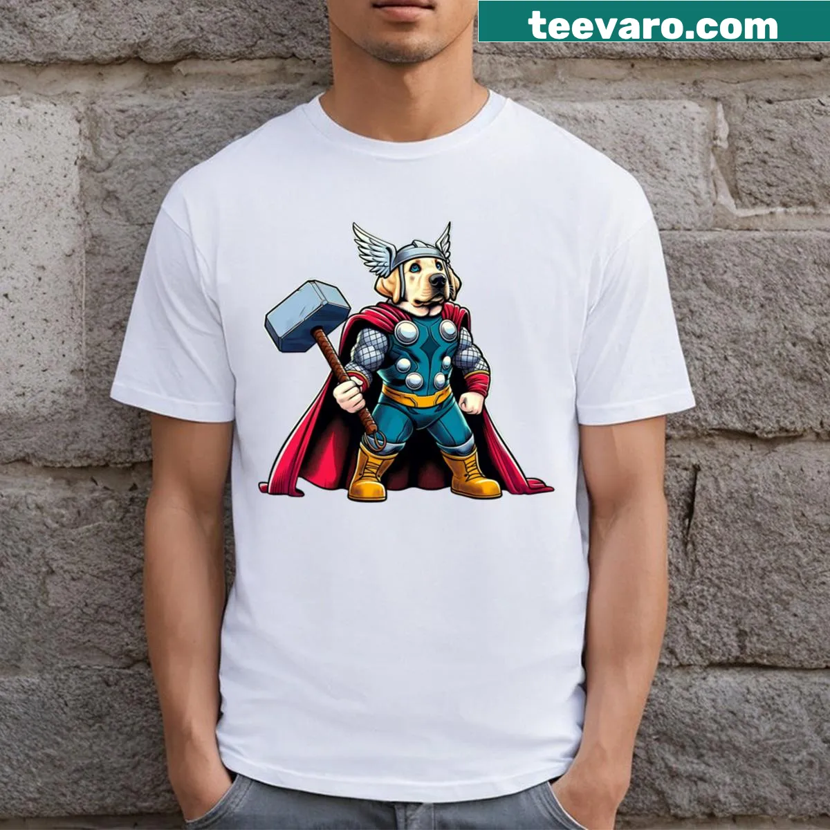 Comic-style T-shirt featuring Labra Thor, a superhero Labrador puppy — on a men's t-shirt