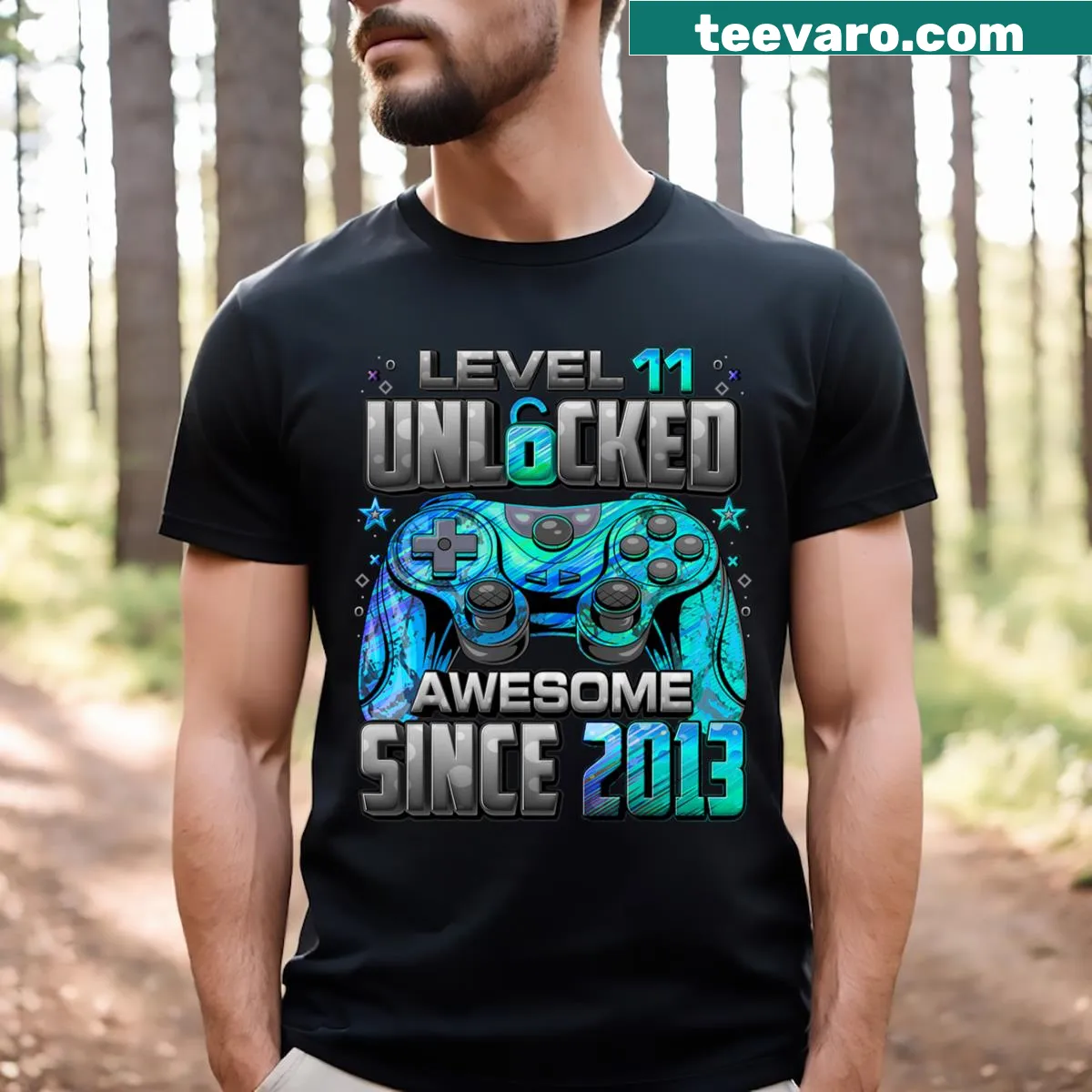 Level 11 Unlocked graphic t-shirt with birthday theme — on a men's t-shirt