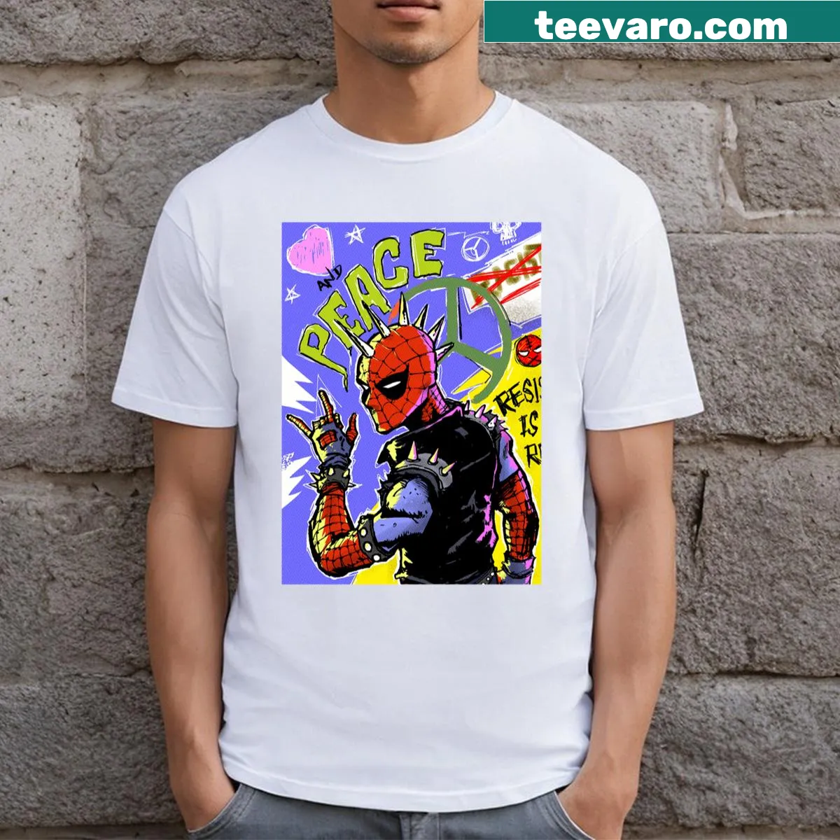 T-shirt featuring the text 'Love Peace And Punk' in bold typography — on a men's t-shirt