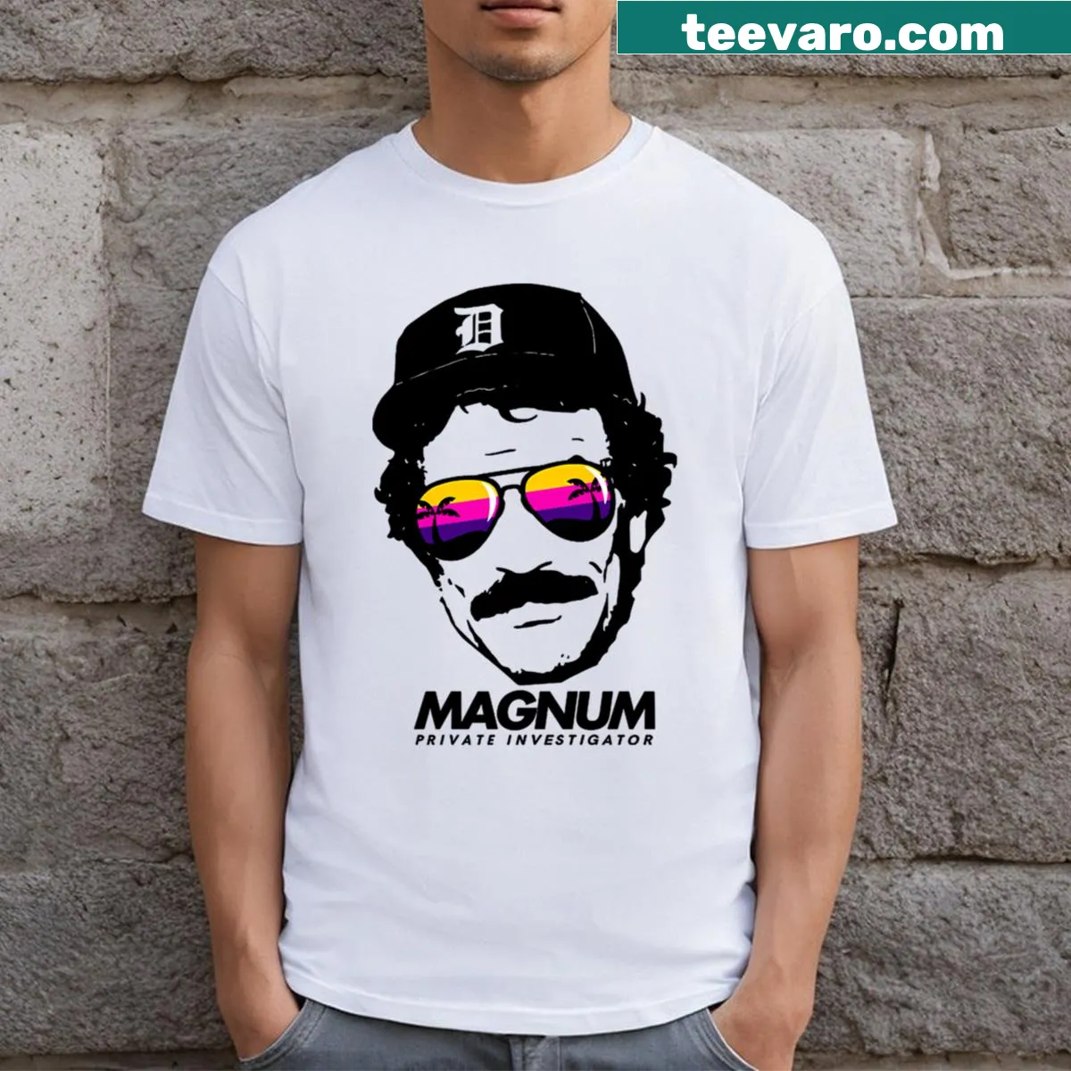 Retro Magnum PI t-shirt with iconic design elements — on a men's t-shirt