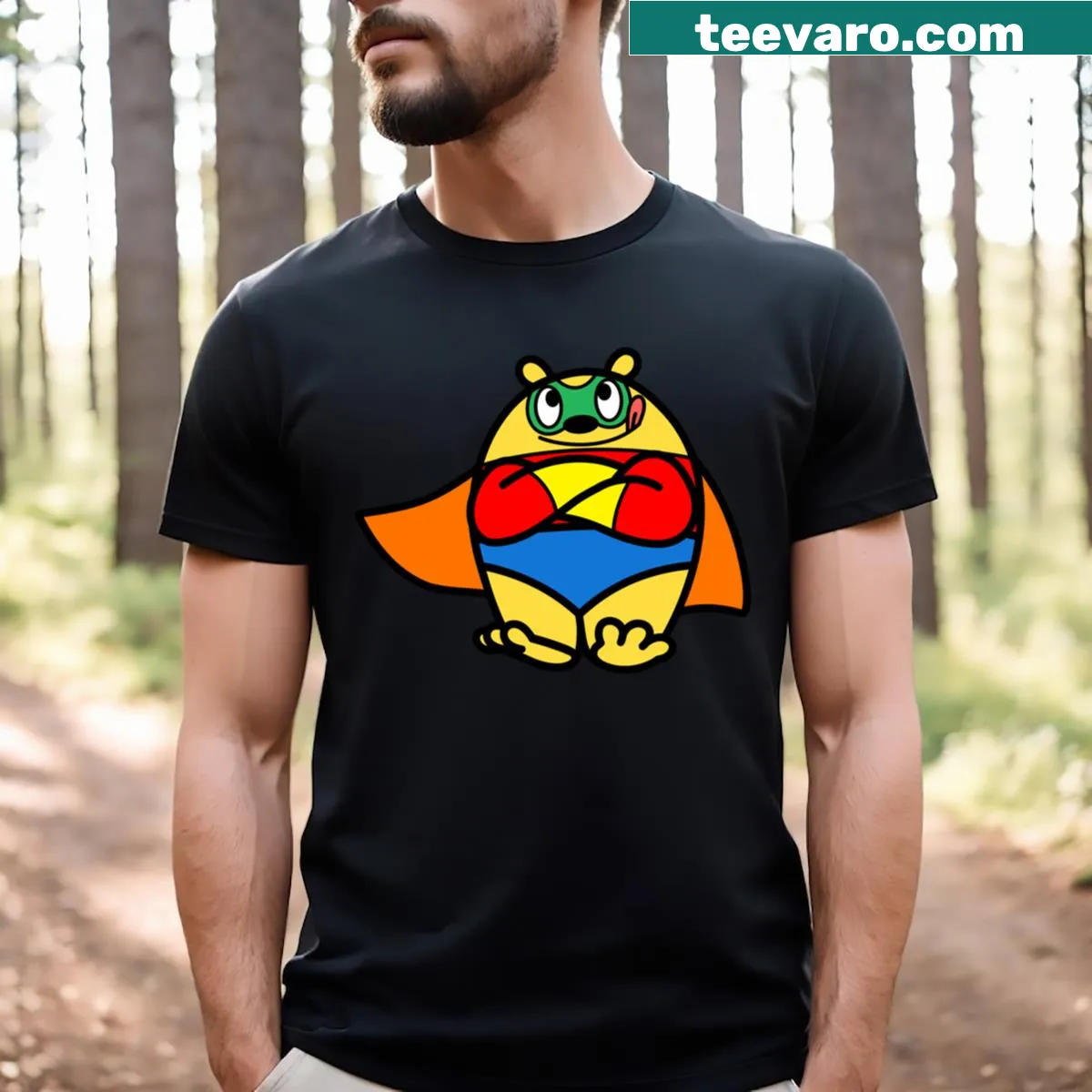 Cartoon superhero teddy bear ready for adventure — on a men's t-shirt