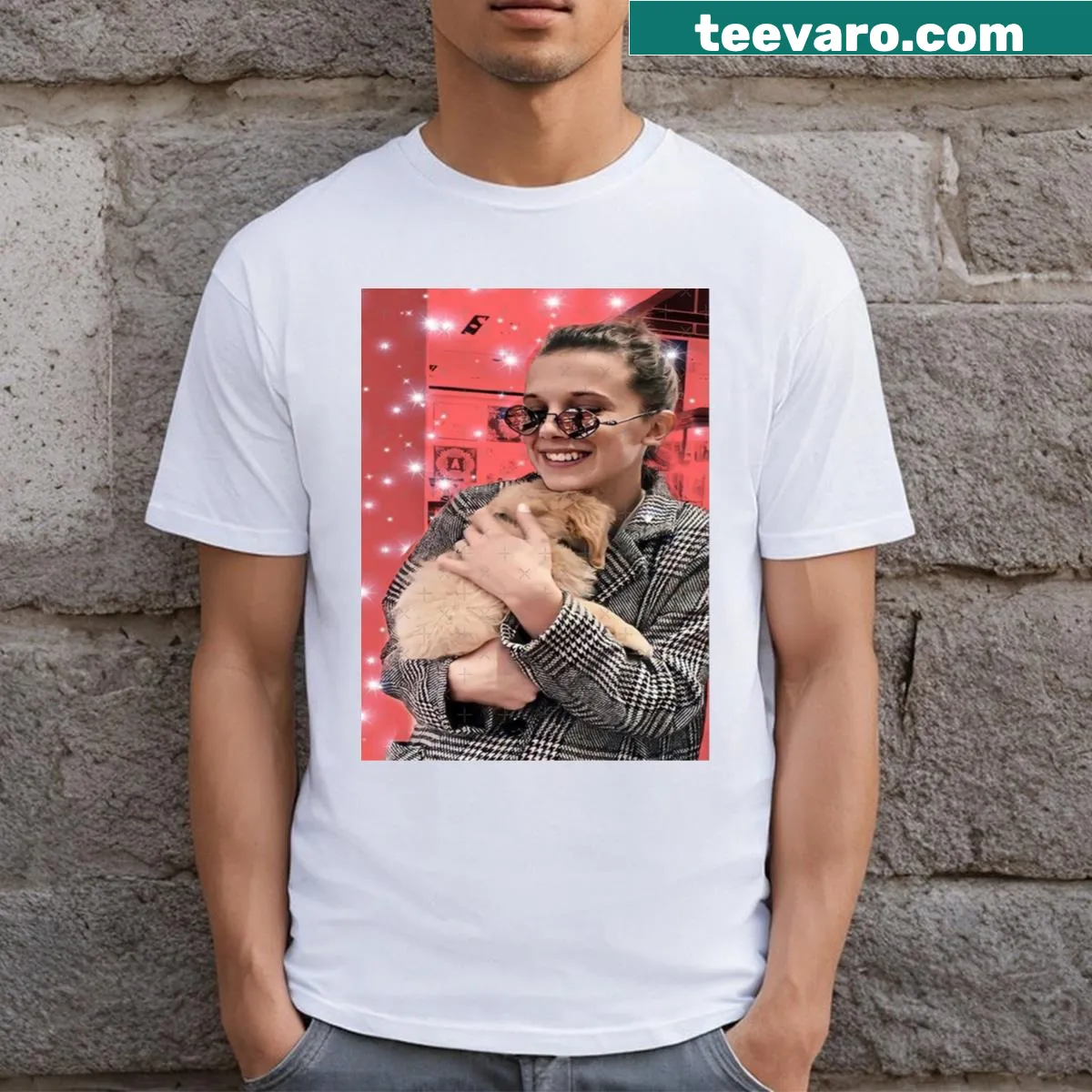 Cartoon graphic of Millie Bobby Brown on a T-shirt — on a men's t-shirt