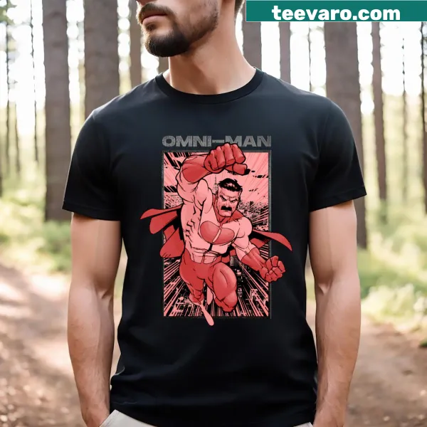 T-shirt featuring an illustration of Omniman from comic stories