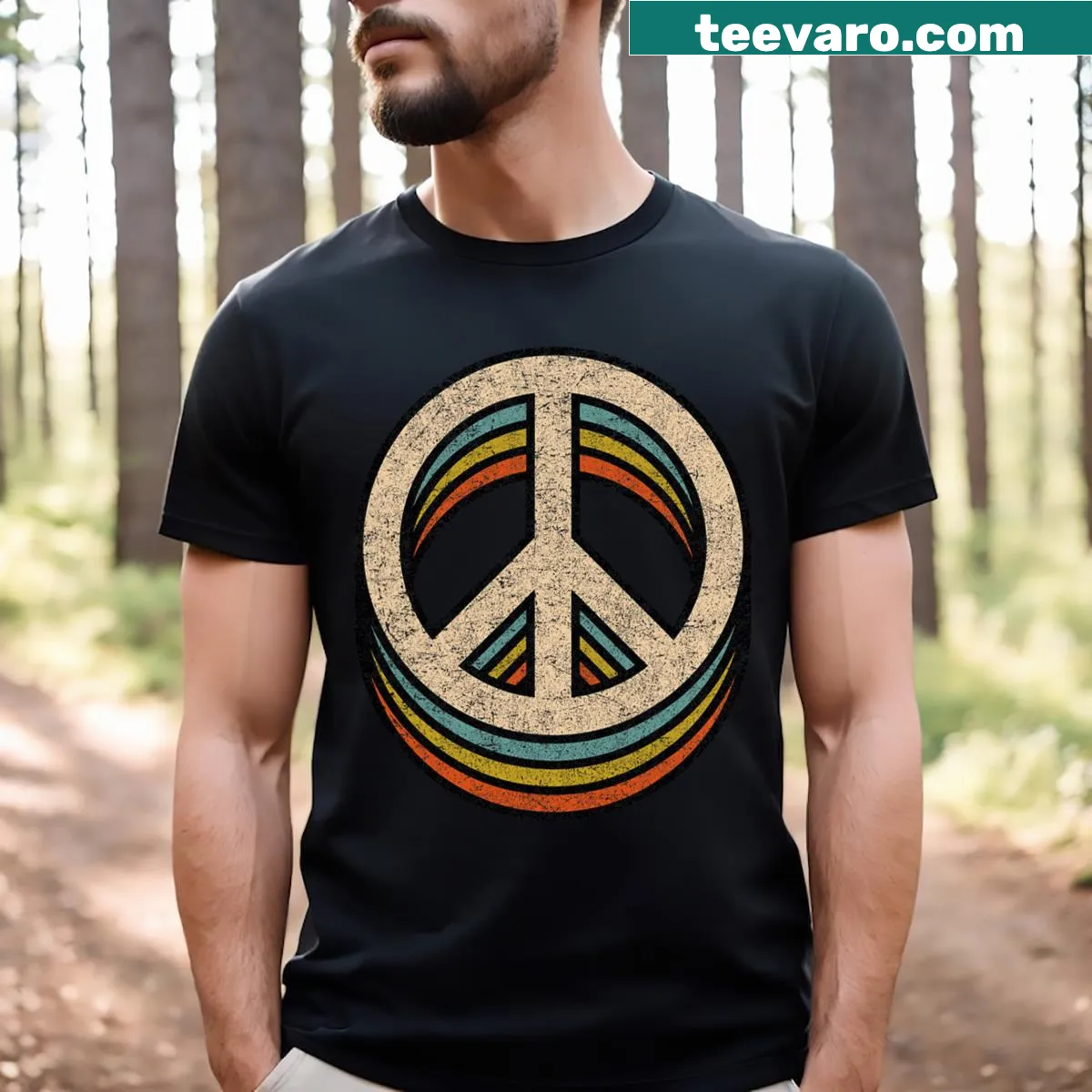 Vintage-style T-shirt featuring a classic peace sign graphic — on a men's t-shirt