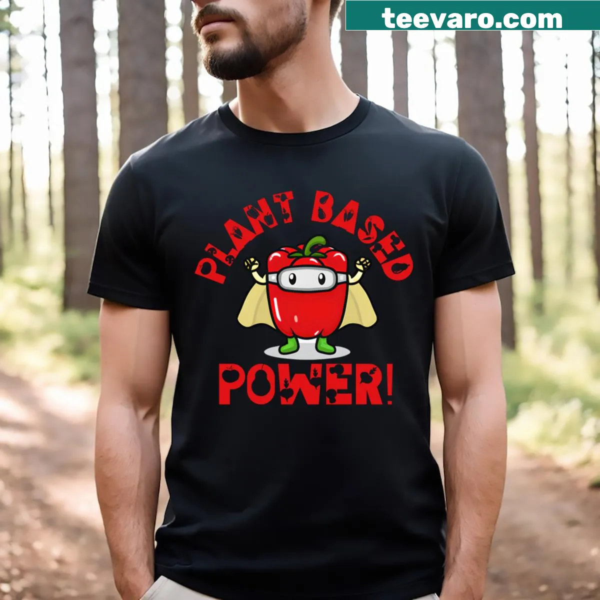 Active T-shirt featuring a vibrant illustration of a bell pepper promoting plant-based nutrition — on a men's t-shirt