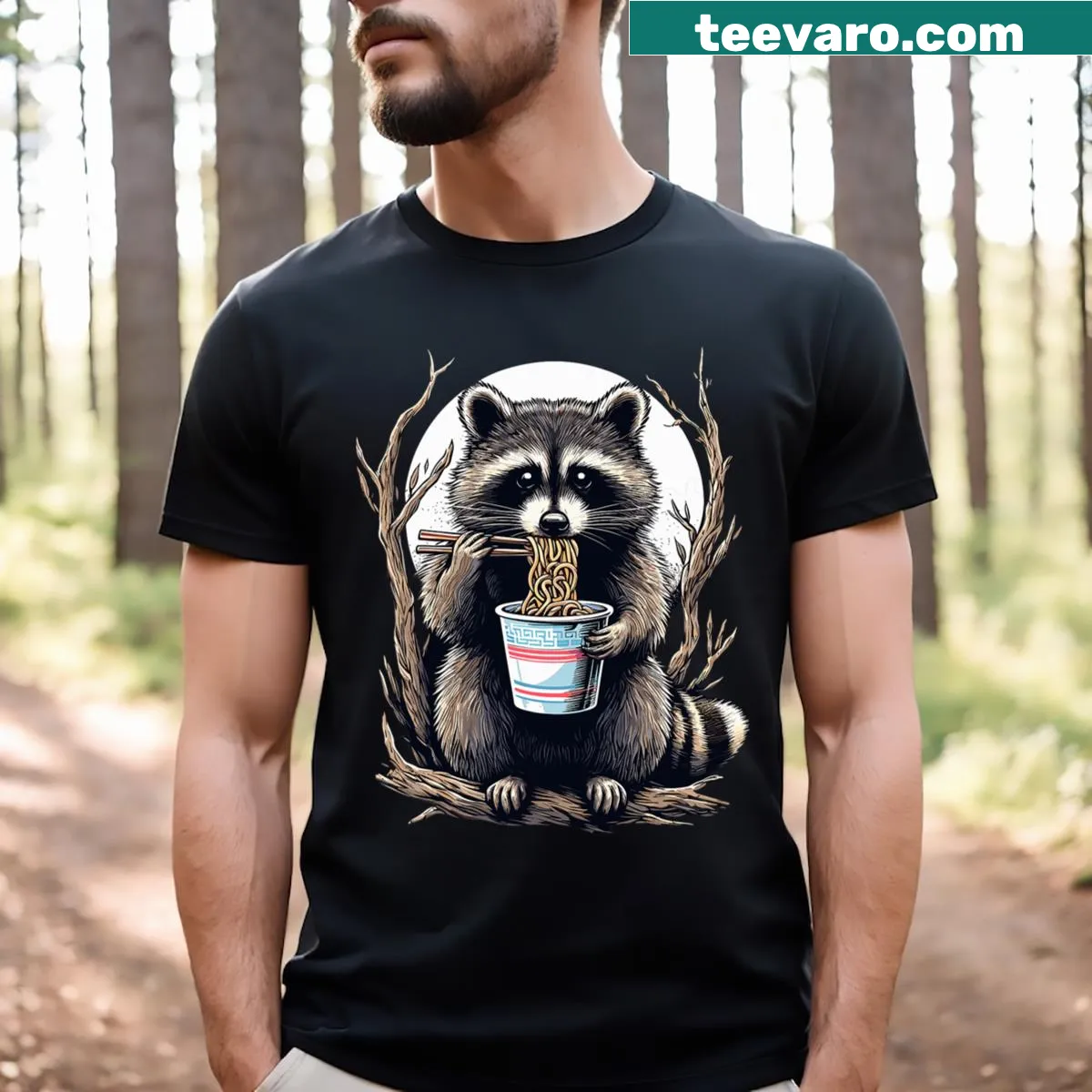 Funny raccoon illustration enjoying instant noodles on T-shirt — on a men's t-shirt