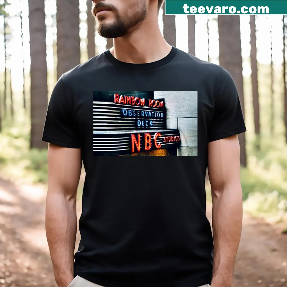 Illustration of the Rainbow Room NBC neon sign on a t-shirt — on a men's t-shirt