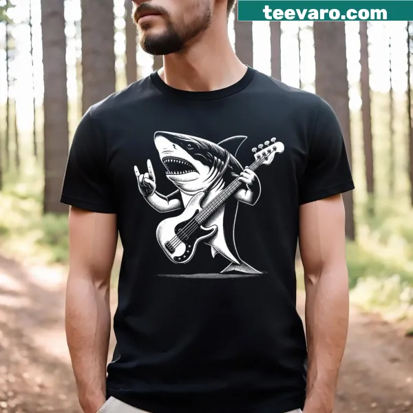 Cartoon shark playing bass guitar with humorous design