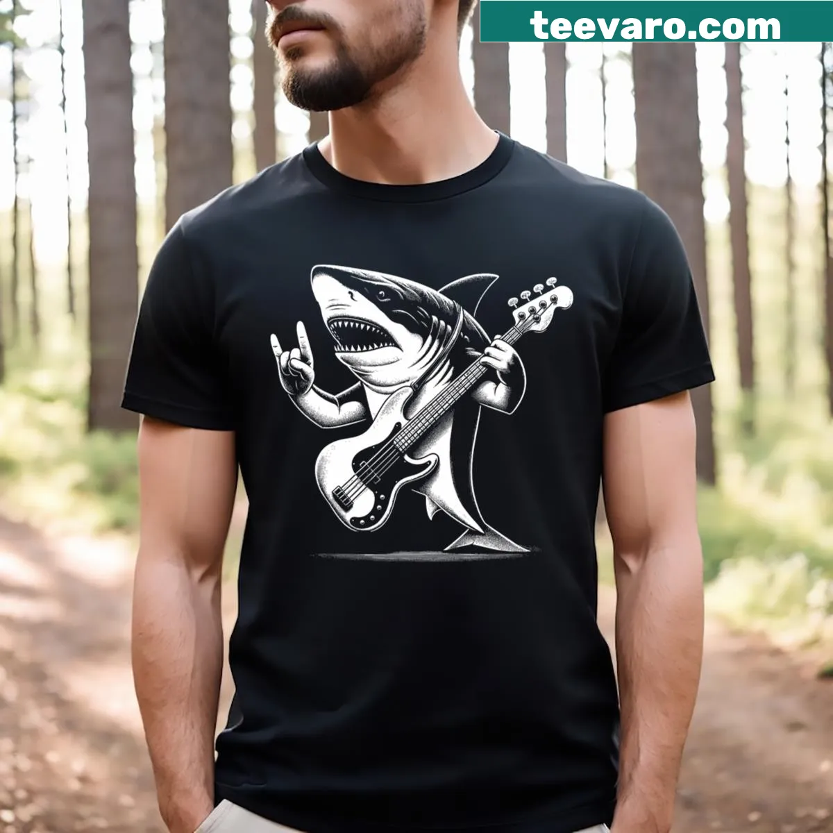 Cartoon shark playing bass guitar with humorous design — on a men's t-shirt