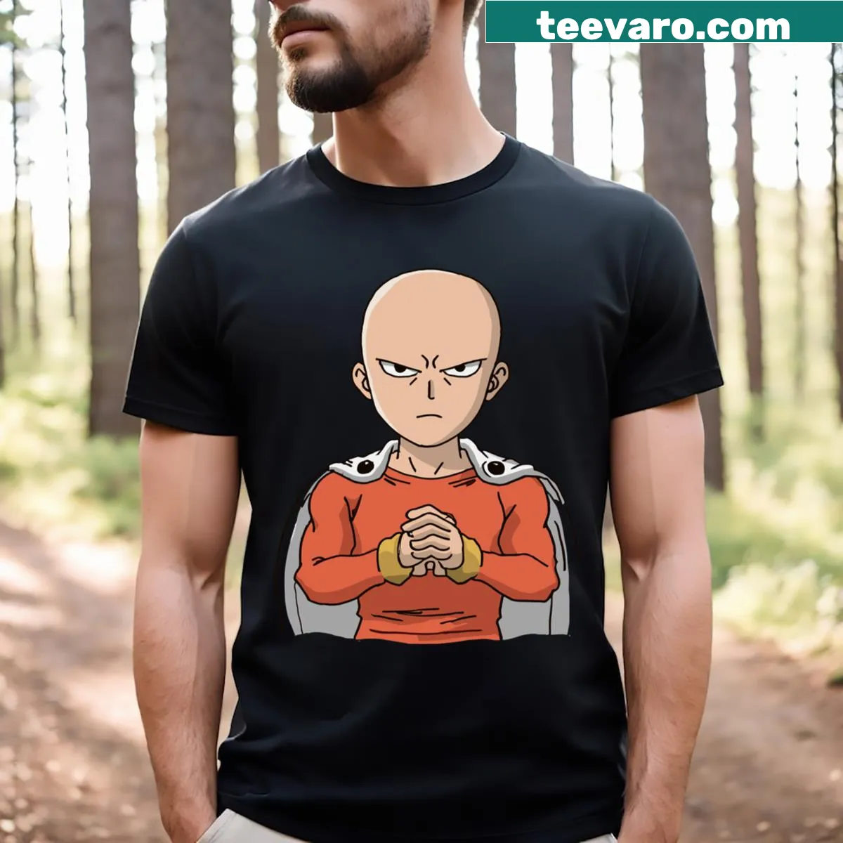 Minimalist illustration of Saitama from One Punch Man — on a men's t-shirt