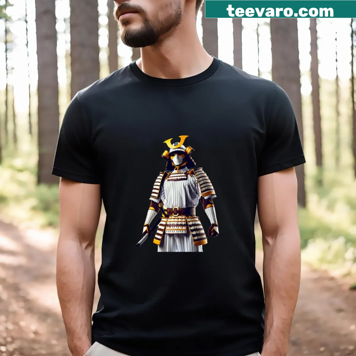 Samurai superhero in a San Diego Padres uniform on a t-shirt — on a men's t-shirt