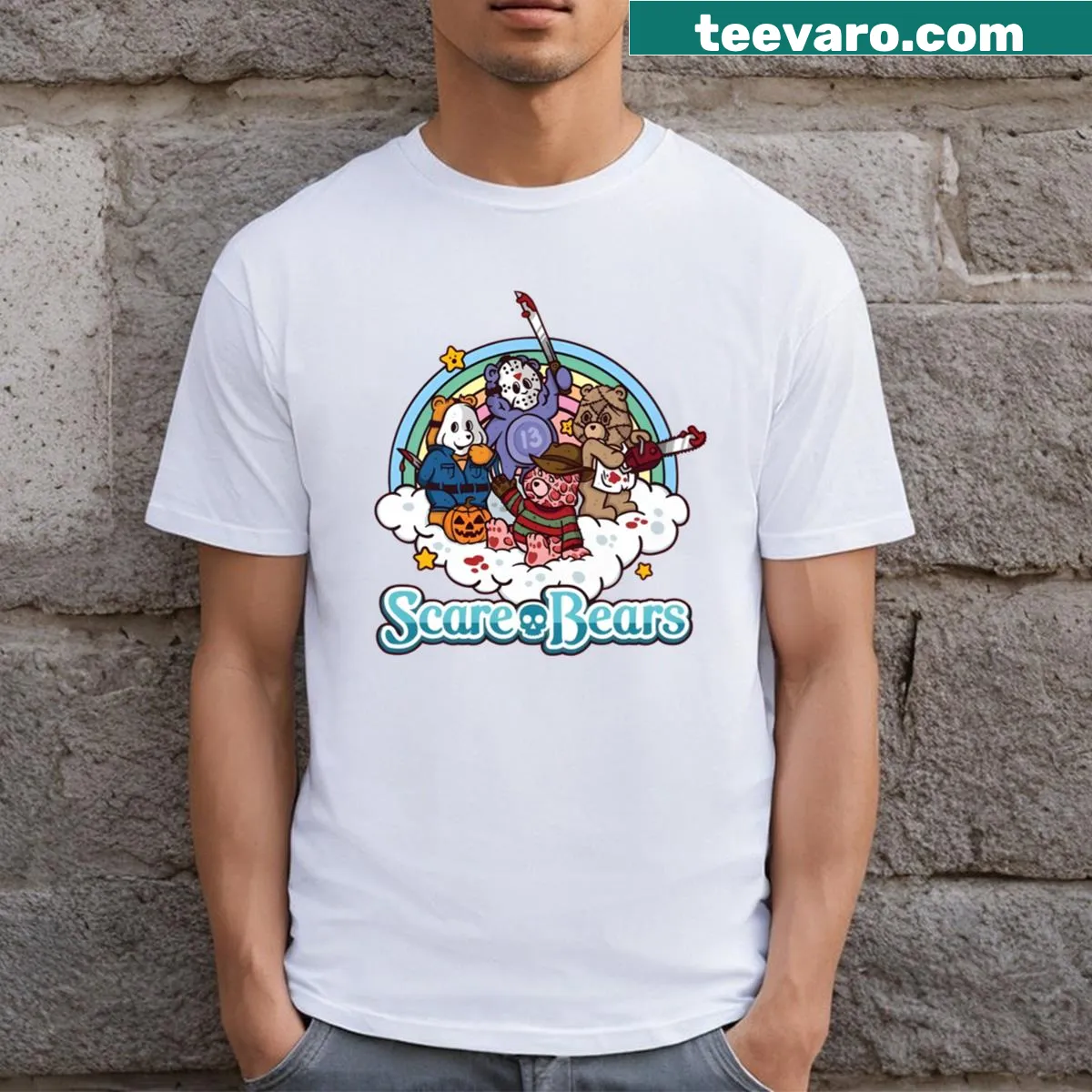 Whimsical Scare Bears illustrated graphic on a t-shirt — on a men's t-shirt