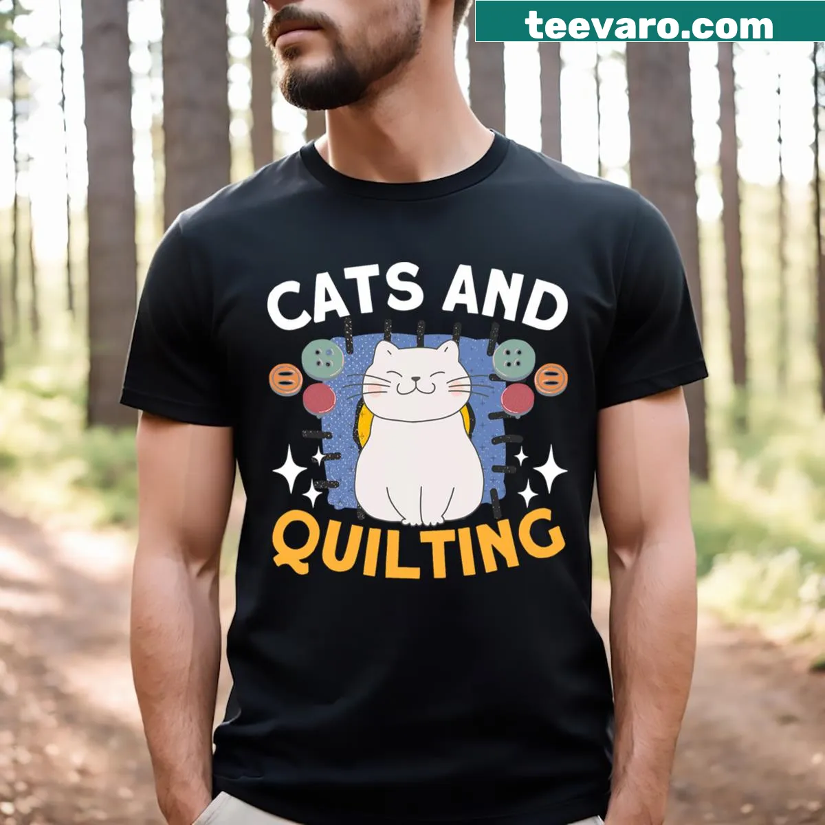 Illustration of sewing cats on a novelty t-shirt — on a men's t-shirt