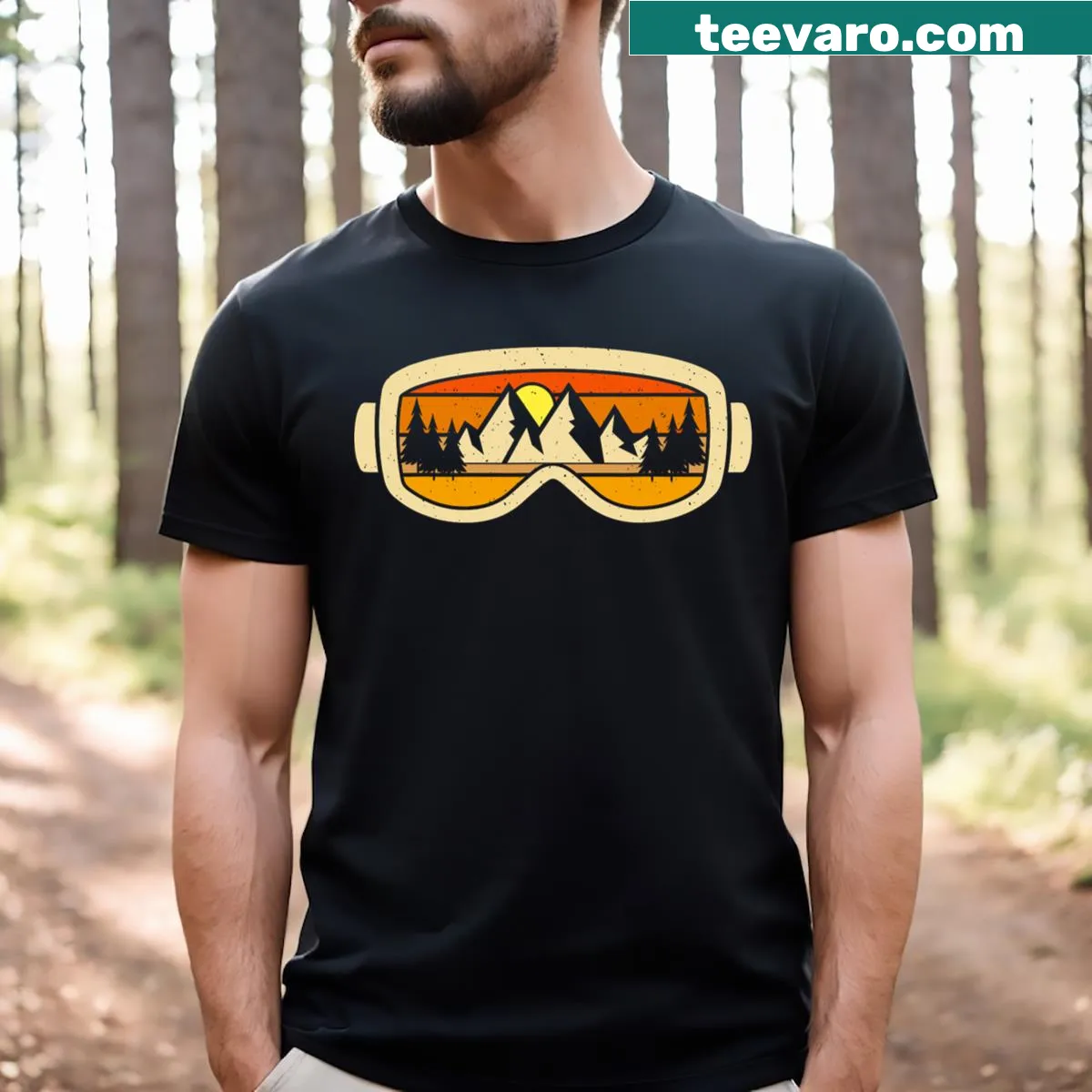 Graphic t-shirt featuring skiing goggles for winter sports lovers — on a men's t-shirt