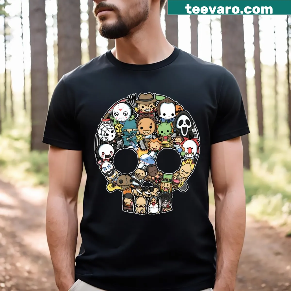 Skull-themed horror movie t-shirt featuring a bold skull design. — on a men's t-shirt