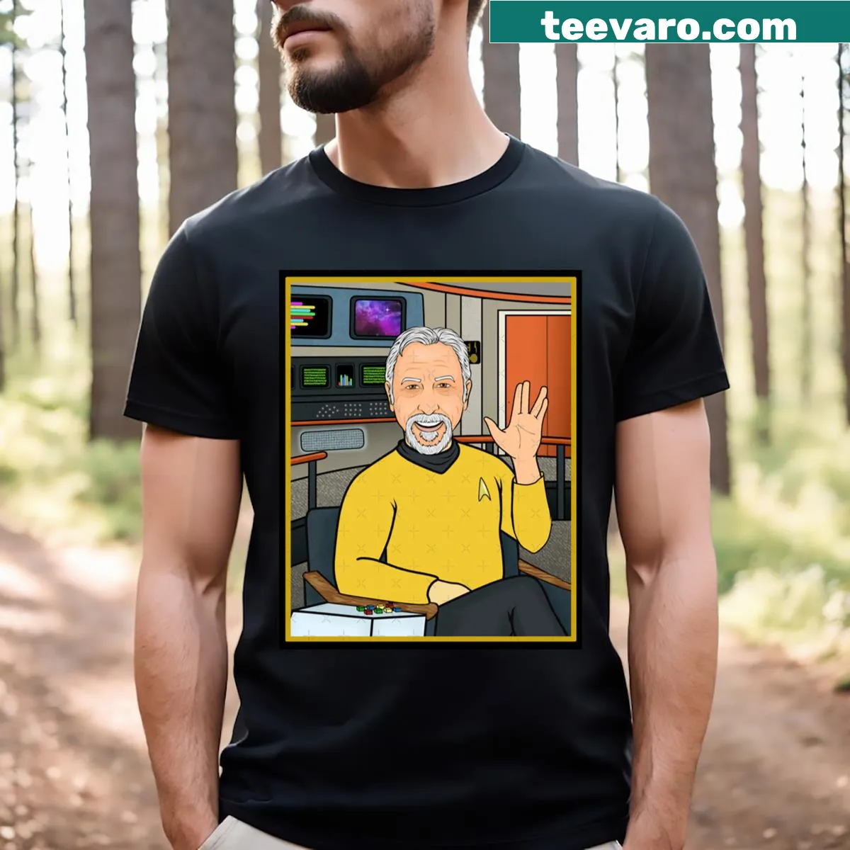 Playful space travel illustration for Kathleen W's family T-shirt — on a men's t-shirt