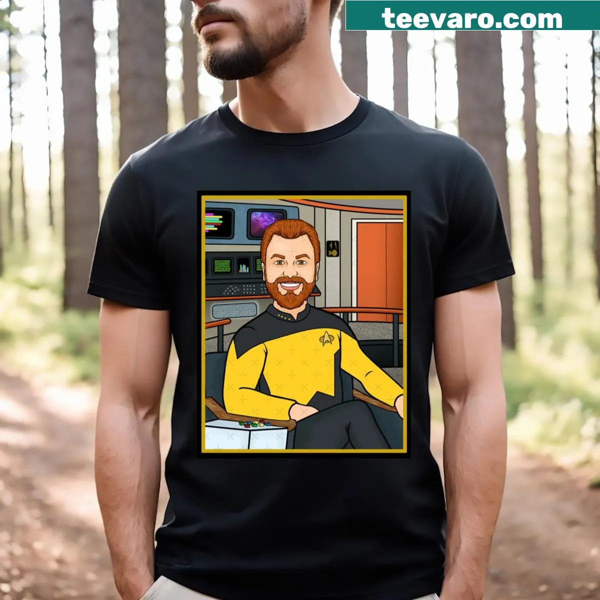 Cartoon space travel design for Krystal R's family T-shirt — on a men's t-shirt