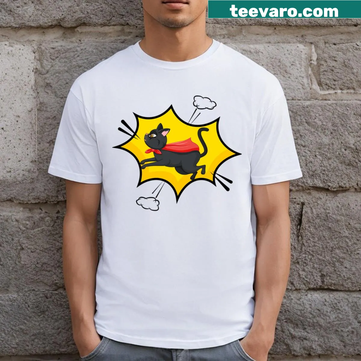 Classic t-shirt with a playful super cat illustration — on a men's t-shirt