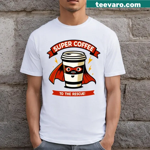 Humorous t-shirt with 'Super Coffee To The Rescue' text
