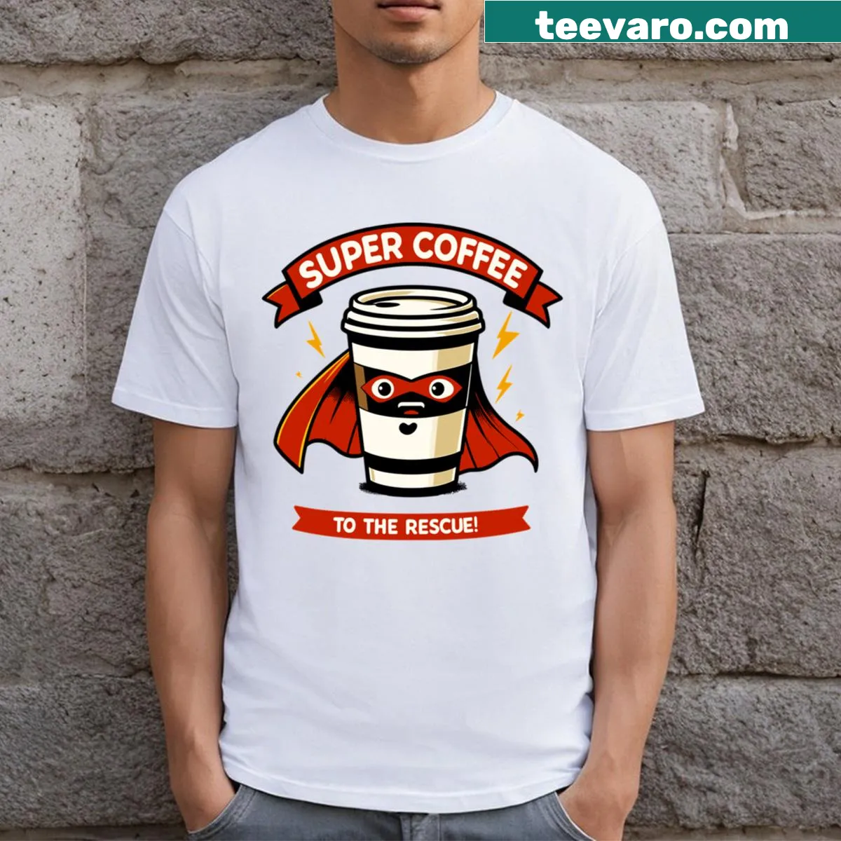 Humorous t-shirt with 'Super Coffee To The Rescue' text — on a men's t-shirt