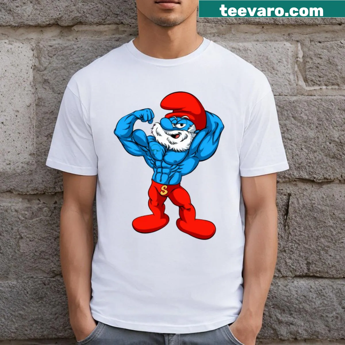 Classic Super Papa Smurf t-shirt featuring cartoon design — on a men's t-shirt